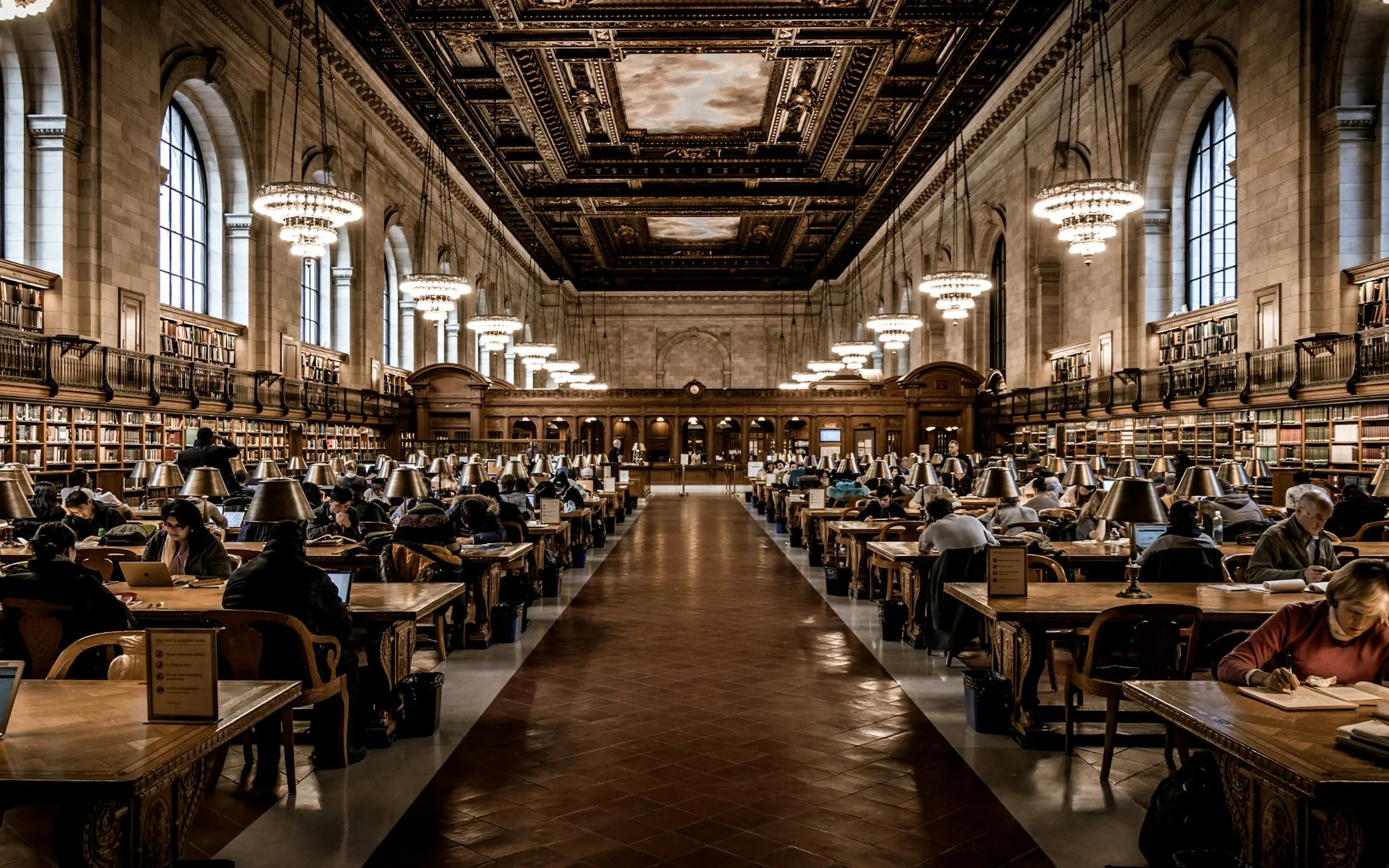 A grand library interior with balconies and reading rooms