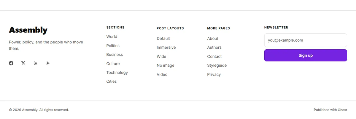 The footer, one column per menu group.